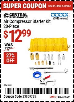 Harbor Freight Coupon CENTRAL PNEUMATIC AIR COMPRESSOR STARTER KIT, 20-PIECE Lot No. 64599 Valid Thru: 3/15/26 - $12.99