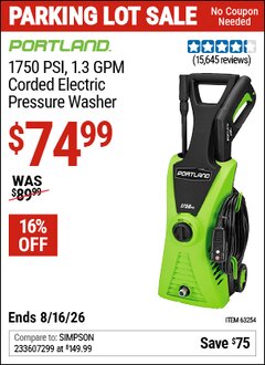 Harbor Freight Coupon PORTLAND 1750 PSI, 1.3 GPM CORDED ELECTRIC PRESSURE WASHER Lot No. 63254/63255 Expired: 8/16/26 - $74.99