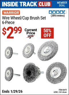 Harbor Freight ITC Coupon WARRIOR WIRE WHEEL/CUP BRUSH SET, 6-PIECE Lot No. 1341/60475 Valid Thru: 1/29/26 - $2.99