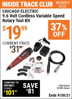 Harbor Freight ITC Coupon 9.6 VOLT CORDLESS VARIABLE SPEED ROTARY TOOL KIT Lot No. 69336/69946 Expired: 9/30/21 - $19.99