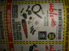Harbor Freight Coupon 9.6 VOLT CORDLESS VARIABLE SPEED ROTARY TOOL KIT Lot No. 69336/69946 Expired: 1/31/19 - $19.99