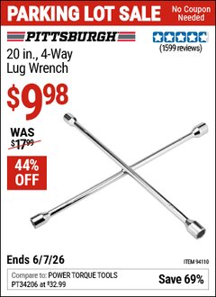 Harbor Freight Coupon PITTSBURGH 20 IN., 4-WAY LUG WRENCH Lot No. 94110 Valid Thru: 6/7/26 - $9.98