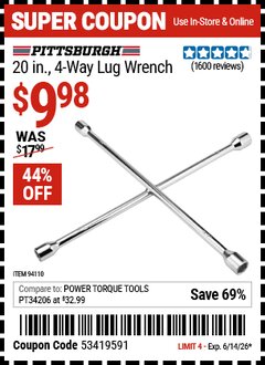 Harbor Freight Coupon PITTSBURGH 20 IN., 4-WAY LUG WRENCH Lot No. 94110 Expired: 6/14/26 - $9.98