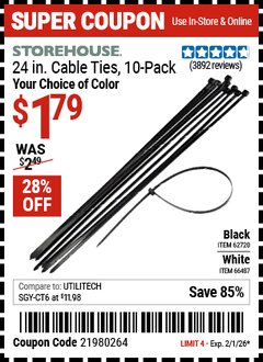 Harbor Freight Coupon STOREHOUSE 24 IN. CABLE TIES, 10-PACK Lot No. 62720/66487 Expired: 2/1/26 - $1.79