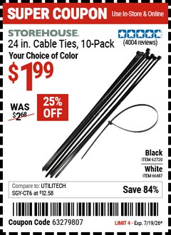 Harbor Freight Coupon STOREHOUSE 24 IN. CABLE TIES, 10-PACK Lot No. 62720/66487 Valid Thru: 7/19/26 - $1.99