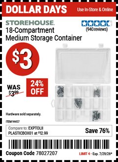 Harbor Freight Coupon STOREHOUSE 18-COMPARTMENT MEDIUM STORAGE CONTAINER Lot No. 94457 Valid Thru: 7/29/26 - $3