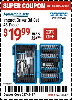 Harbor Freight Coupon HERCULES IMPACT DRIVER BIT SET, 45-PIECE Lot No. 63383 Expired: 9/27/26 - $19.99