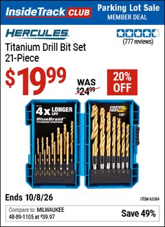 Harbor Freight ITC Coupon HERCULES TITANIUM DRILL BIT SET, 21-PIECE Lot No. 63384 Expired: 10/8/26 - $19.99