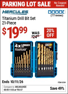 Harbor Freight Coupon HERCULES TITANIUM DRILL BIT SET, 21-PIECE Lot No. 63384 Valid Thru: 10/11/26 - $19.99