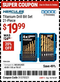 Harbor Freight Coupon HERCULES TITANIUM DRILL BIT SET, 21-PIECE Lot No. 63384 Expired: 10/18/26 - $19.99
