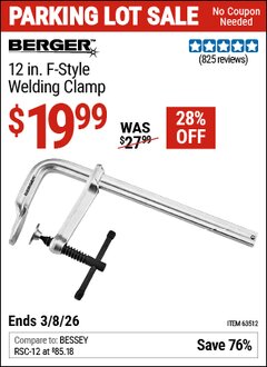 Harbor Freight Coupon BERGER 12 IN. F-STYLE WELDING CLAMP Lot No. 63512 Expired: 3/8/26 - $19.99