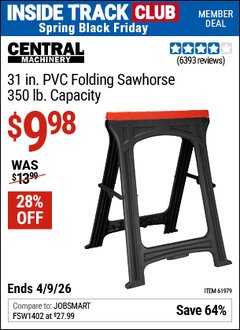Harbor Freight ITC Coupon CENTRAL MACHINERY 31 IN. PVC FOLDING SAWHORSE, 350 LB. CAPACITY Lot No. 61979 Expired: 4/9/26 - $9.98