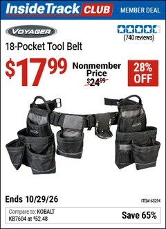 Harbor Freight ITC Coupon VOYAGER 18-POCKET TOOL BELT Lot No. 63294 Dates Valid: 12/31/69 - 10/29/26 - $17.99