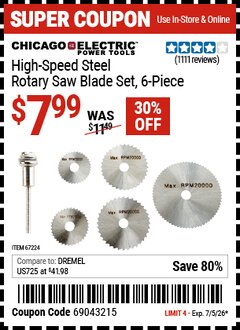 Harbor Freight Coupon CHICAGO ELECTRIC POWER TOOLS HIGH-SPEED STEEL ROTARY SAW BLADE SET, 6-PIECE Lot No. 67224 Expired: 7/5/26 - $7.99