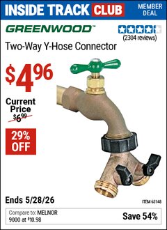 Harbor Freight ITC Coupon GREENWOOD TWO-WAY Y-HOSE CONNECTOR Lot No. 63148 Valid Thru: 5/28/26 - $4.96
