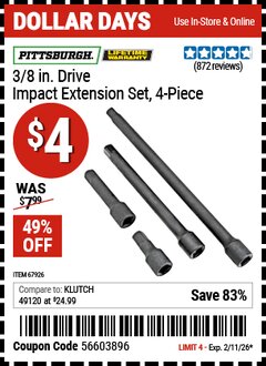 Harbor Freight Coupon PITTSBURGH 3/8 IN. DRIVE IMPACT EXTENSION SET, 4-PIECE Lot No. 67926 Expired: 2/11/26 - $4
