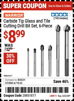 Harbor Freight Coupon WARRIOR CARBIDE TIP GLASS AND TILE CUTTING DRILL BIT SET, 6-PIECE Lot No. 61617 Valid Thru: 3/22/26 - $8.99