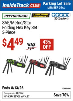 Harbor Freight ITC Coupon PITTSBURGH SAE/METRIC/STAR FOLDING HEX KEY SET, 3-PIECE Lot No. 94905 Expired: 8/13/26 - $4.49