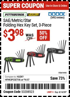Harbor Freight Coupon PITTSBURGH SAE/METRIC/STAR FOLDING HEX KEY SET, 3-PIECE Lot No. 94905 Expired: 6/14/26 - $3.98