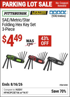 Harbor Freight Coupon PITTSBURGH SAE/METRIC/STAR FOLDING HEX KEY SET, 3-PIECE Lot No. 94905 Expired: 8/16/26 - $4.49