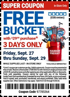 Harbor Freight FREE Coupon 5 GALLON BUCKET Lot No. 47523 Expired: 9/29/24 - FWP