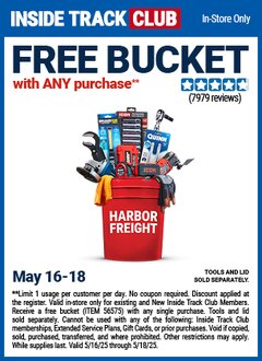 Harbor Freight FREE Coupon 5 GALLON BUCKET Lot No. 47523 Expired: 5/18/25 - FWP