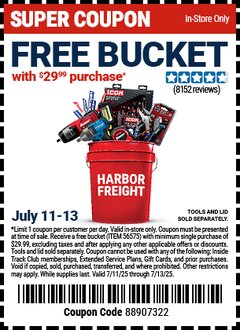 Harbor Freight FREE Coupon 5 GALLON BUCKET Lot No. 47523 Expired: 7/13/25 - FWP