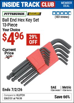 Harbor Freight ITC Coupon PITTSBURGH BALL END HEX KEY SET, 13-PIECE Lot No. 94680/96416 Valid Thru: 7/2/26 - $4.96