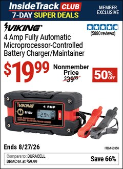 Harbor Freight ITC Coupon VIKING 4 AMP FULLY AUTOMATIC MICROPROCESSOR-CONTROLLED BATTERY CHARGER/MAINTAINER Lot No. 63350 Expired: 8/27/26 - $19.99