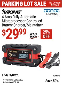Harbor Freight Coupon VIKING 4 AMP FULLY AUTOMATIC MICROPROCESSOR-CONTROLLED BATTERY CHARGER/MAINTAINER Lot No. 63350 Valid Thru: 3/8/26 - $29.99