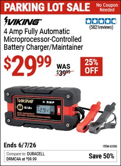Harbor Freight Coupon VIKING 4 AMP FULLY AUTOMATIC MICROPROCESSOR-CONTROLLED BATTERY CHARGER/MAINTAINER Lot No. 63350 Valid Thru: 6/7/26 - $29.99