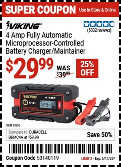 Harbor Freight Coupon VIKING 4 AMP FULLY AUTOMATIC MICROPROCESSOR-CONTROLLED BATTERY CHARGER/MAINTAINER Lot No. 63350 Expired: 6/14/26 - $29.99