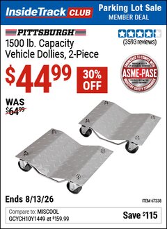 Harbor Freight ITC Coupon PITTSBURGH 1500 LB. CAPACITY VEHICLE DOLLIES, 2-PIECE Lot No. 67338/60343 Expired: 8/13/26 - $44.99