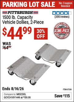 Harbor Freight Coupon PITTSBURGH 1500 LB. CAPACITY VEHICLE DOLLIES, 2-PIECE Lot No. 67338/60343 Expired: 8/16/26 - $44.99