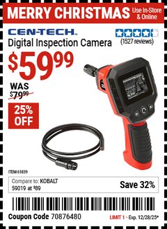 Harbor Freight Coupon CEN-TECH DIGITAL INSPECTION CAMERA Lot No. 61839 Expired: 12/28/25 - $59.99