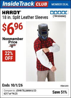 Harbor Freight Coupon HARDY 18 IN. SPLIT LEATHER SLEEVES Lot No. 62351 Valid: 12/31/69 - 10/1/26 - $6.96