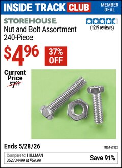 Harbor Freight ITC Coupon STOREHOUSE NUT AND BOLT ASSORTMENT, 240-PIECE Lot No. 67532 Expired: 5/28/26 - $4.96