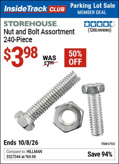 Harbor Freight ITC Coupon STOREHOUSE NUT AND BOLT ASSORTMENT, 240-PIECE Lot No. 67532 Expired: 10/8/26 - $3.98