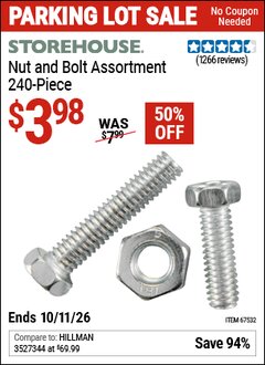Harbor Freight Coupon STOREHOUSE NUT AND BOLT ASSORTMENT, 240-PIECE Lot No. 67532 Expired: 10/11/26 - $3.98