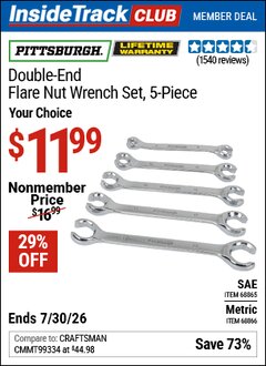 Harbor Freight ITC Coupon PITTSBURGH DOUBLE-END FLARE NUT WRENCH SET, 5-PIECE Lot No. 68865/68866 Dates Valid: 12/31/69 - 7/30/26 - $11.99