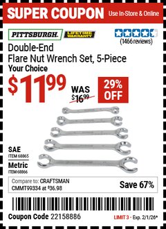 Harbor Freight Coupon PITTSBURGH DOUBLE-END FLARE NUT WRENCH SET, 5-PIECE Lot No. 68865/68866 Expired: 2/1/26 - $11.99