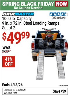 Harbor Freight Coupon HAUL-MASTER 1000 LB. CAPACITY, 72 IN. X 9 IN. STEEL LOADING RAMPS, SET OF 2 Lot No. 44649 Expired: 4/12/26 - $49.99