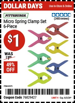 Harbor Freight Coupon PITTSBURGH MICRO SPRING CLAMP SET, 6-PIECE Lot No. 69375 EXPIRES: 6/3/26 - $1