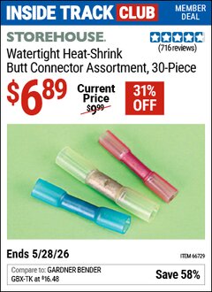 Harbor Freight ITC Coupon STOREHOUSE WATERTIGHT HEAT-SHRINK BUTT CONNECTOR ASSORTMENT, 30-PIECE Lot No. 66729 Valid Thru: 5/28/26 - $6.89