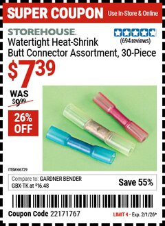 Harbor Freight Coupon STOREHOUSE WATERTIGHT HEAT-SHRINK BUTT CONNECTOR ASSORTMENT, 30-PIECE Lot No. 66729 Expired: 2/1/26 - $7.39