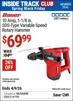 Harbor Freight ITC Coupon BAUER 10 AMP, 1-1/8 IN. SDS-TYPE VARIABLE-SPEED ROTARY HAMMER Lot No. 64288/64287 Expired: 4/9/26 - $69.99