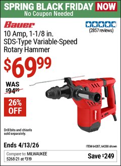 Harbor Freight Coupon BAUER 10 AMP, 1-1/8 IN. SDS-TYPE VARIABLE-SPEED ROTARY HAMMER Lot No. 64288/64287 Expired: 4/12/26 - $69.99