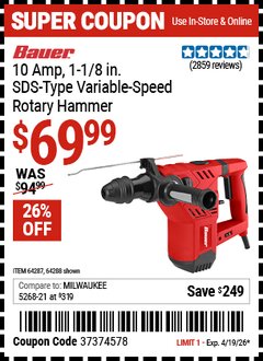 Harbor Freight Coupon BAUER 10 AMP, 1-1/8 IN. SDS-TYPE VARIABLE-SPEED ROTARY HAMMER Lot No. 64288/64287 Expired: 4/19/26 - $69.99