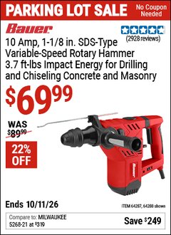 Harbor Freight Coupon BAUER 10 AMP, 1-1/8 IN. SDS-TYPE VARIABLE-SPEED ROTARY HAMMER Lot No. 64288/64287 Valid Thru: 10/11/26 - $69.99