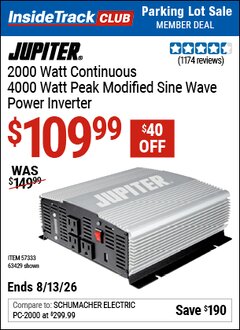 Harbor Freight ITC Coupon JUPITER 2000 WATT CONTINUOUS/4000 WATT PEAK MODIFIED SINE WAVE POWER INVERTER Lot No. 63429/57333 Expired: 8/13/26 - $109.99